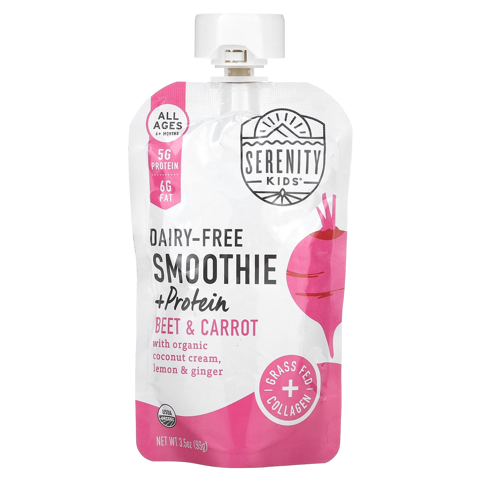 Serenity Kids, Dairy-Free Smoothie + Protein, All Ages 6+ Months, Beet & Carrot, 3.5 oz (99 g) - Image 1