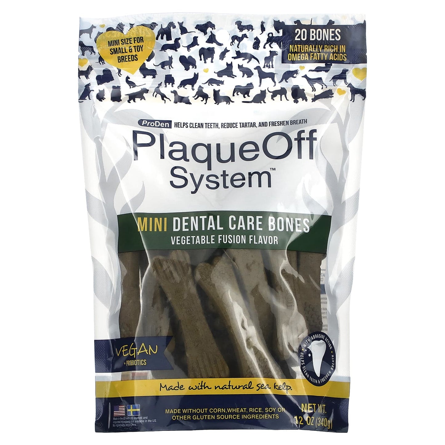 ProDen, PlaqueOff System, Mini Dental Care Bones, For Small & Toy Breed Dogs, Vegetable Fusion, 20 Bones, 12 oz (340 g) - Image 1