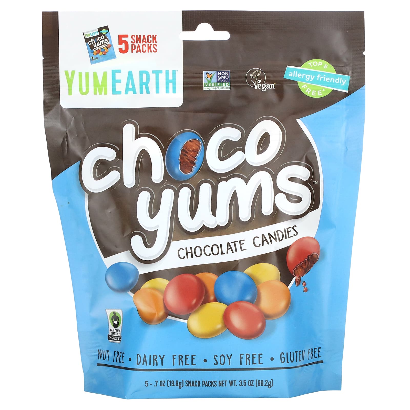 YumEarth, Choco Yums, Chocolate Candies, 5 Snack Packs, 0.7 oz (19.8 g) Each - Image 1