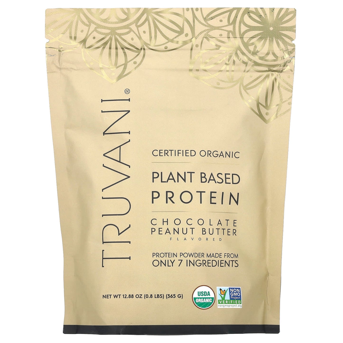 Truvani, Certified Organic Plant Based Protein, Chocolate Peanut Butter, 0.8 lbs (365 g) - Image 1