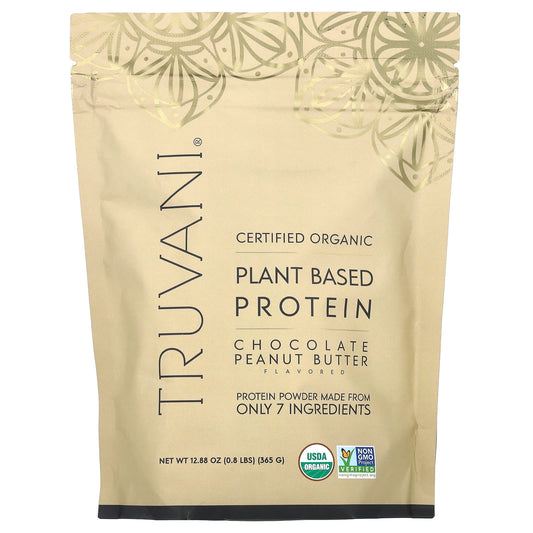 Truvani, Certified Organic Plant Based Protein, Chocolate Peanut Butter, 0.8 lbs (365 g) - Image 1