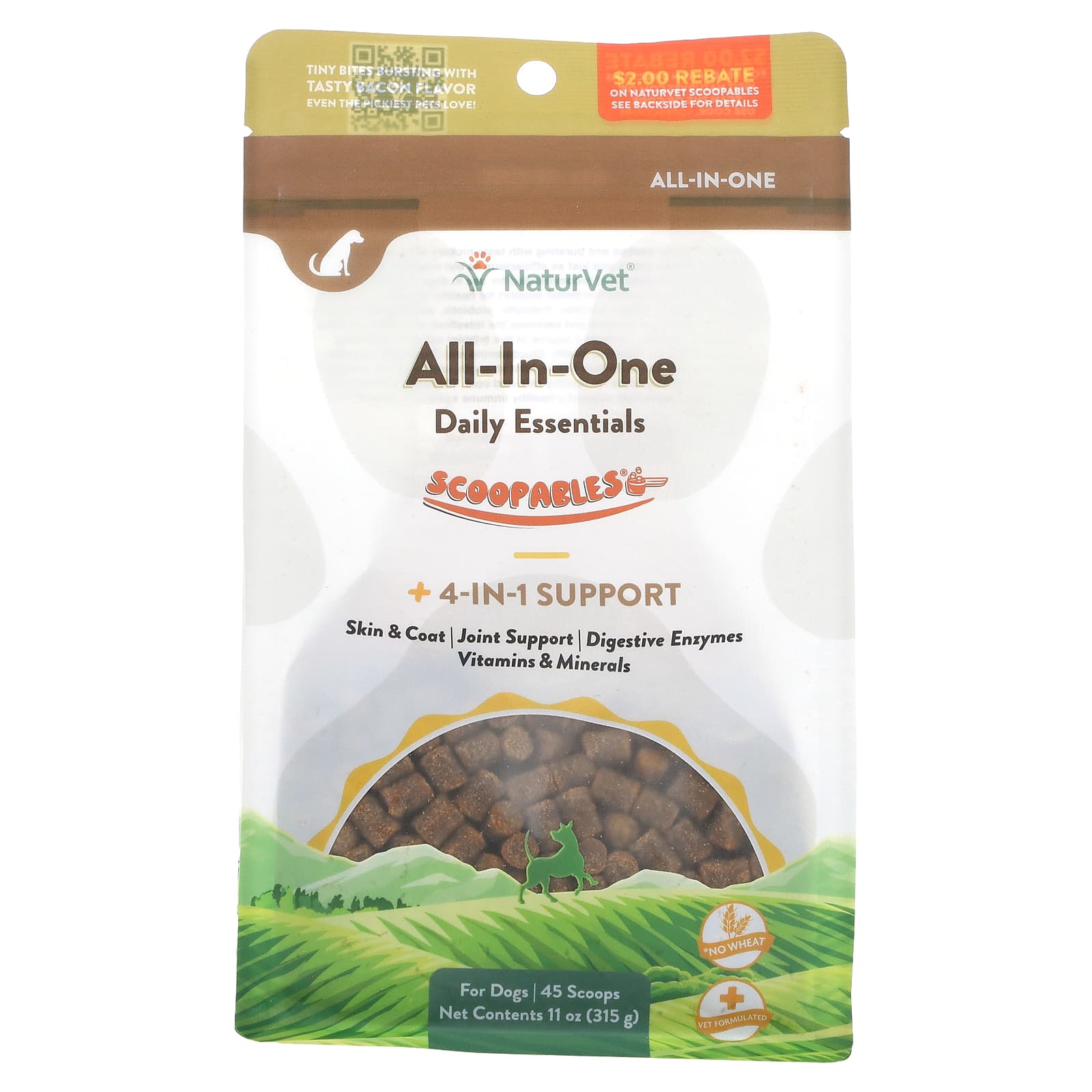 NaturVet, Scoopables All-In-One Daily Essentials, + 4-In-1-Support, For Dogs, Bacon, 45 Scoops, 11 oz (315 g) - Image 1
