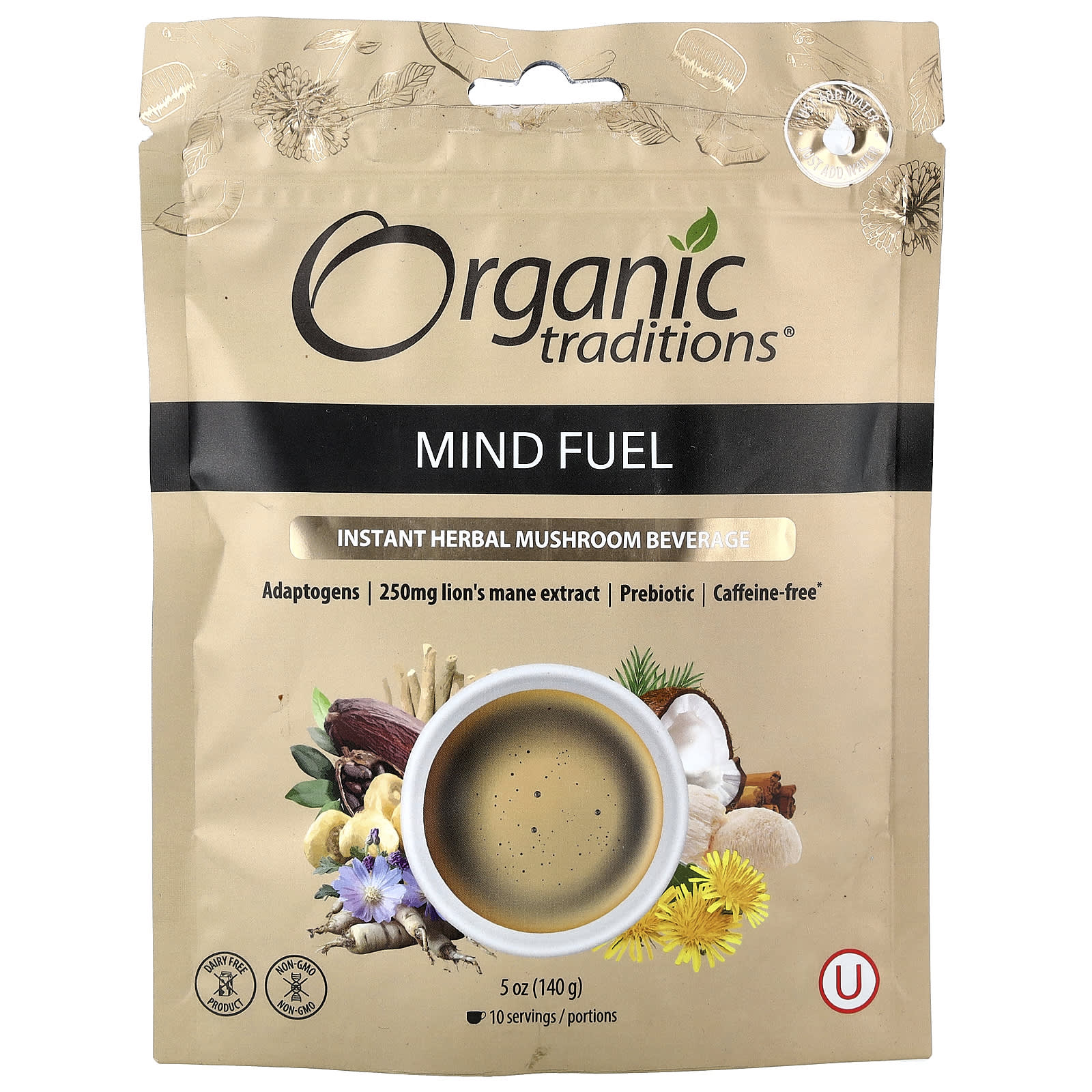 Organic Traditions, Instant Herbal Mushroom Beverage, Mind Fuel, Caffeine Free, 5 oz (140 g) - Image 1