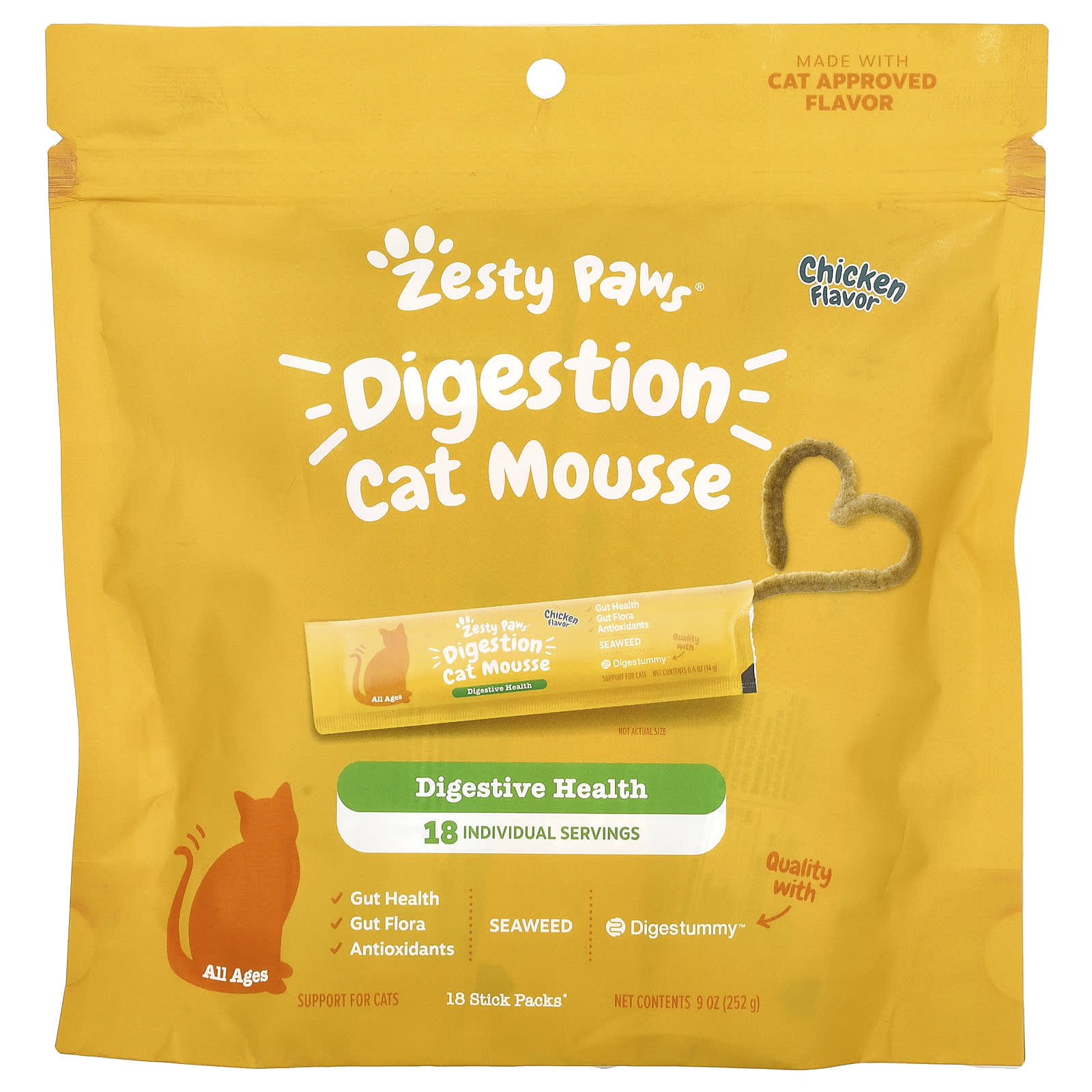 Zesty Paws, Digestion Cat Mousse, For Cats, All Ages, Chicken, 18 Stick Packs, 9 oz (252 g) - Image 1