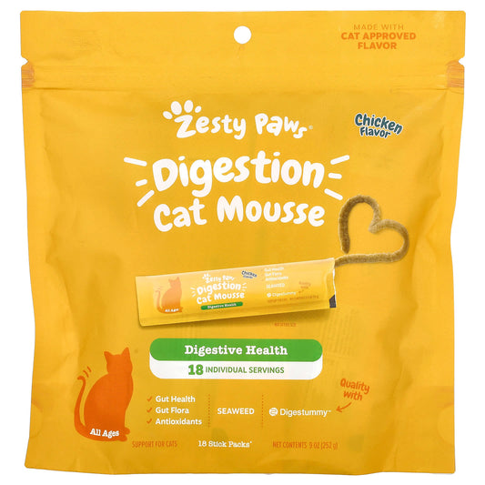 Zesty Paws, Digestion Cat Mousse, For Cats, All Ages, Chicken, 18 Stick Packs, 9 oz (252 g) - Image 1