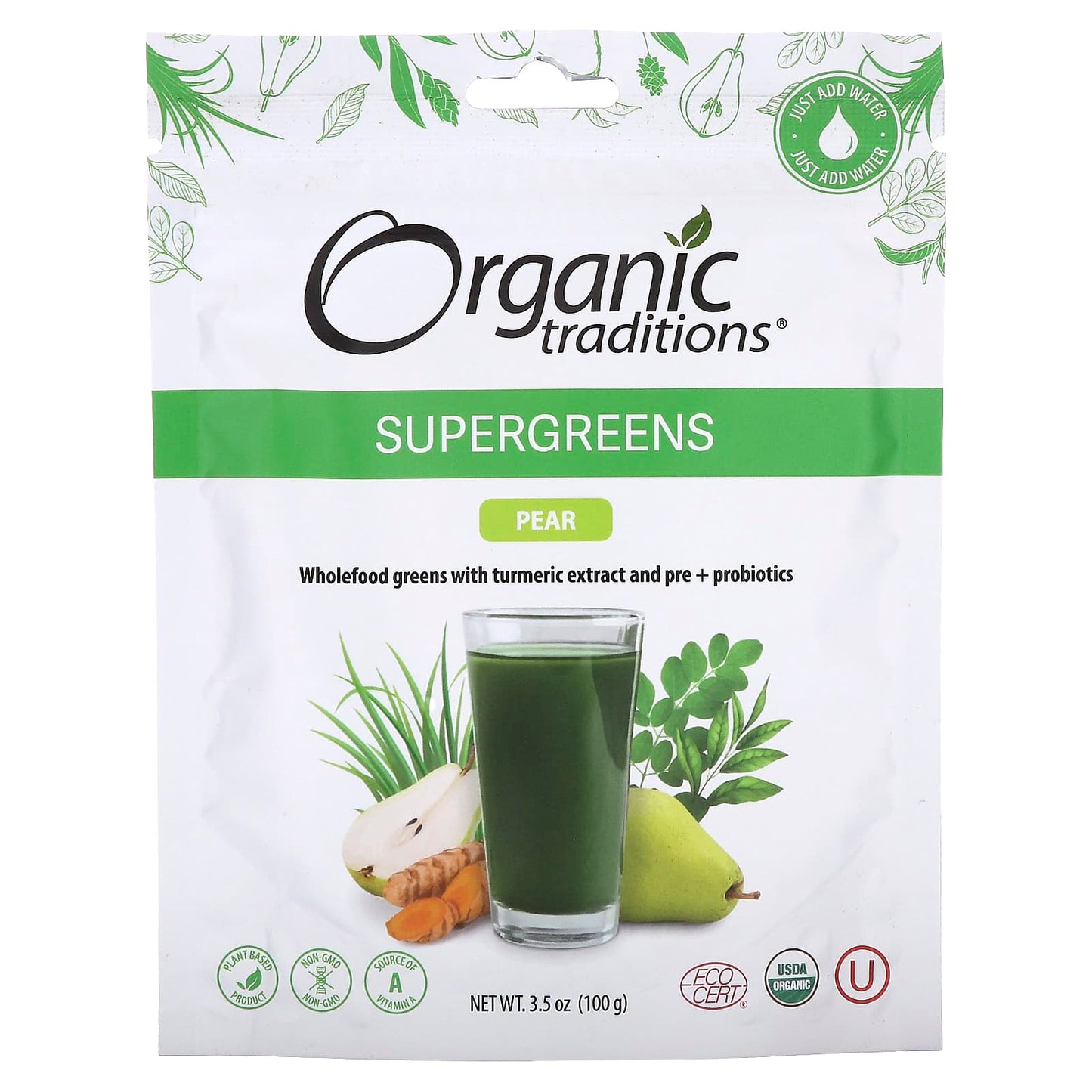 Organic Traditions, Supergreens, Pear, 3.5 oz (100 g) - Image 1