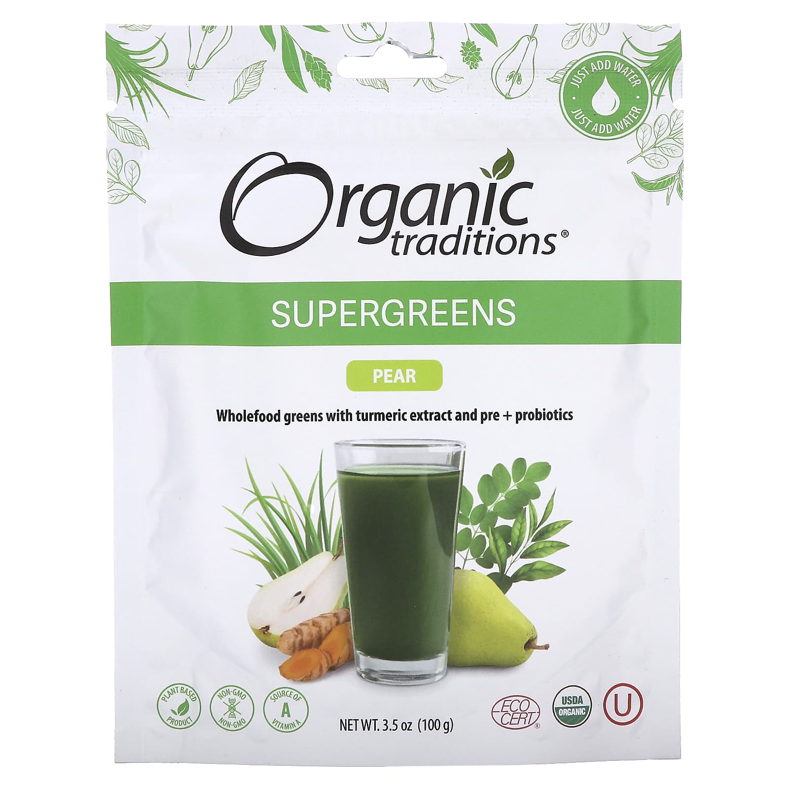 Organic Traditions, Supergreens, Pear, 3.5 oz (100 g) - Image 1