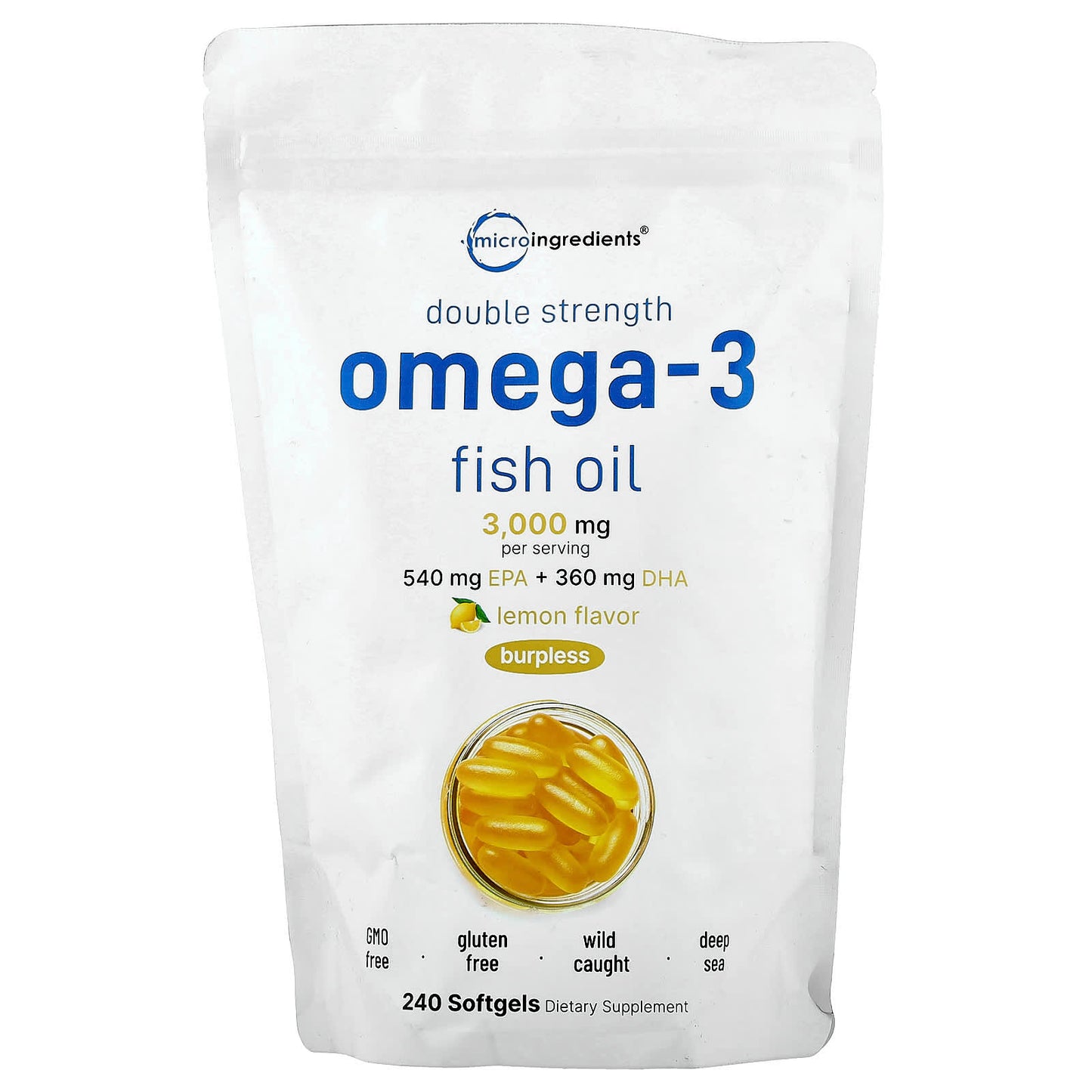 Micro Ingredients, Double Strength, Omega-3 Fish Oil, Lemon, 240 Softgels (1,000 mg per Softgels) - Image 1