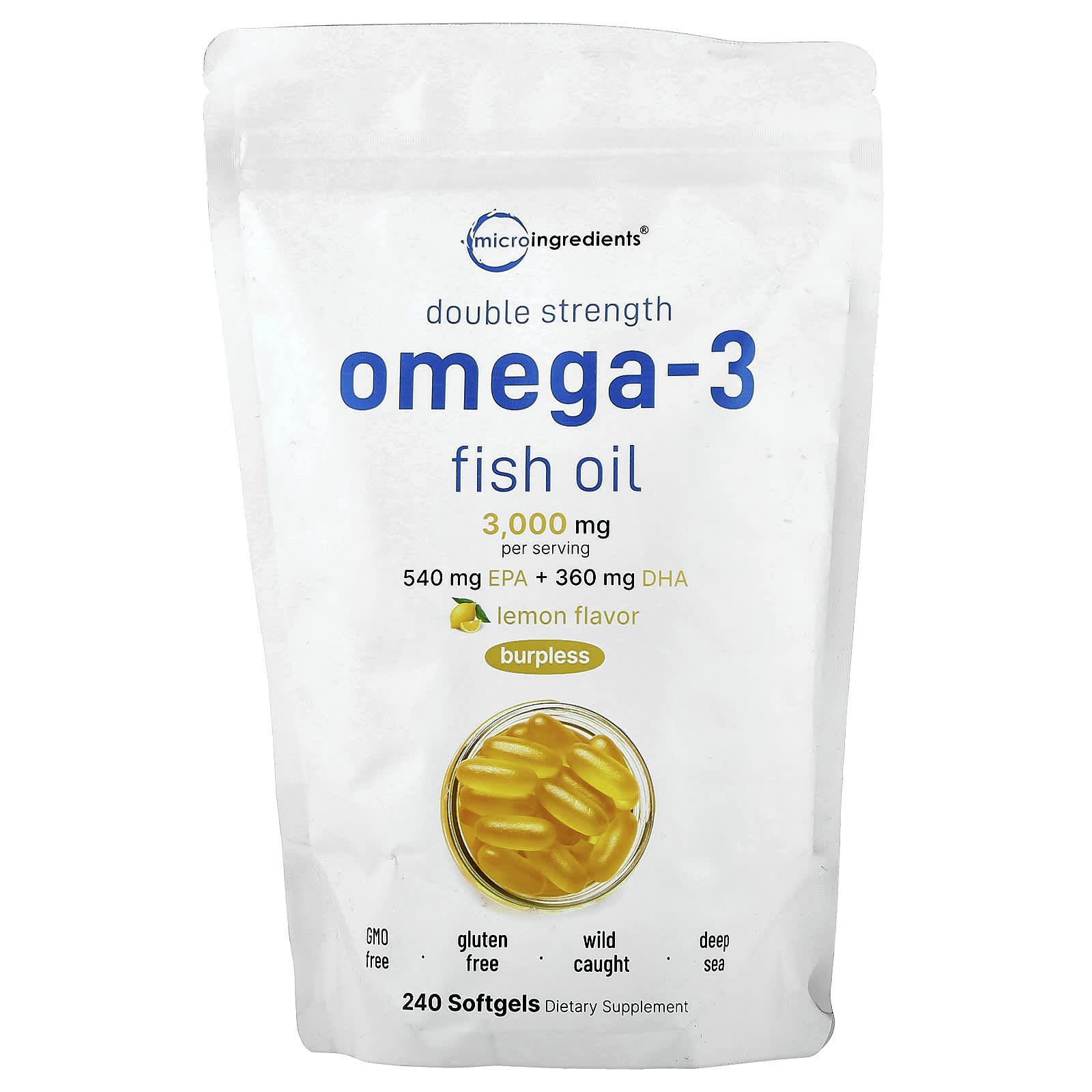 Micro Ingredients, Double Strength, Omega-3 Fish Oil, Lemon, 240 Softgels (1,000 mg per Softgels) - Image 1