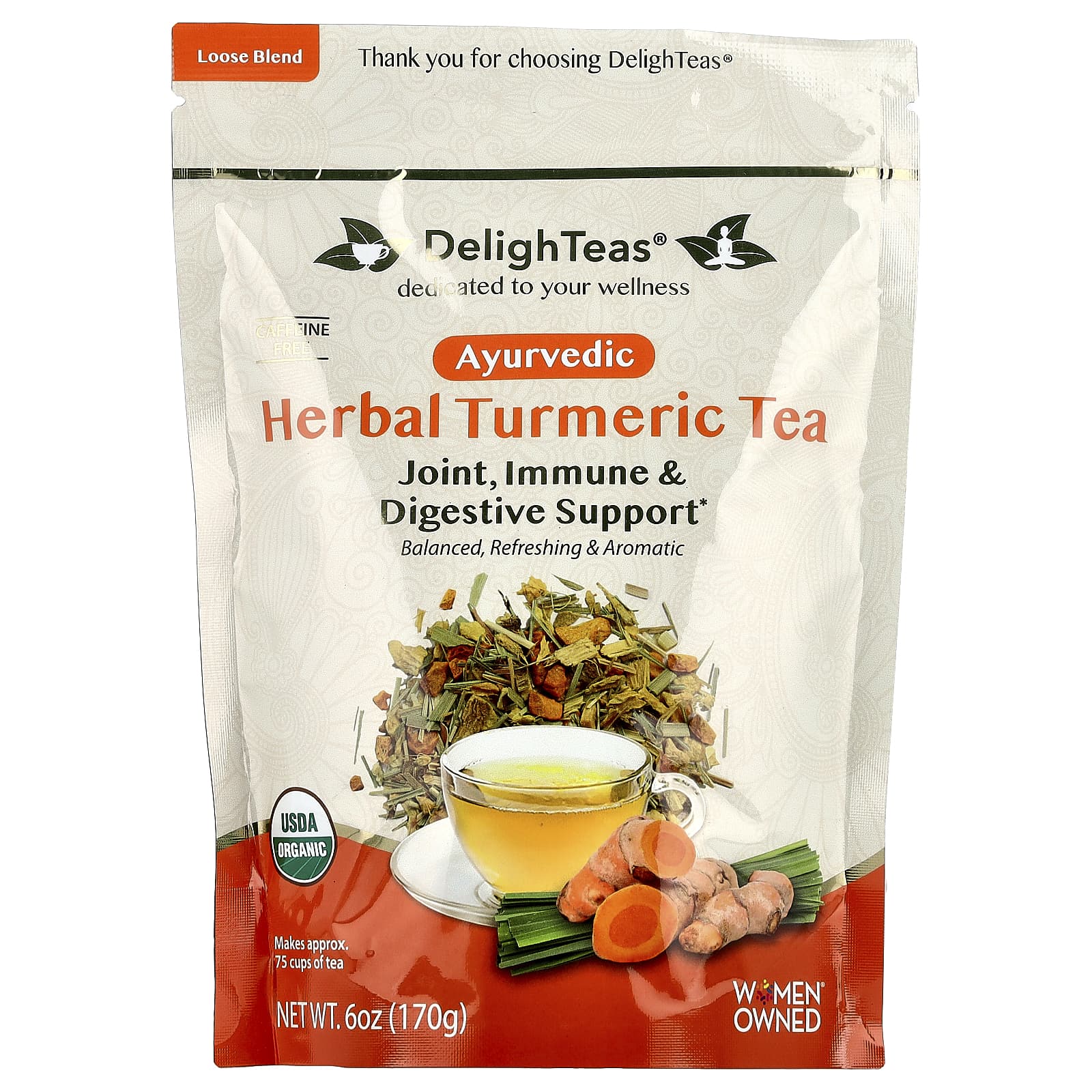 DelighTeas, Ayurvedic Herbal Turmeric Tea, Loose Blend, Caffeine Free, 6 oz (170 g)
