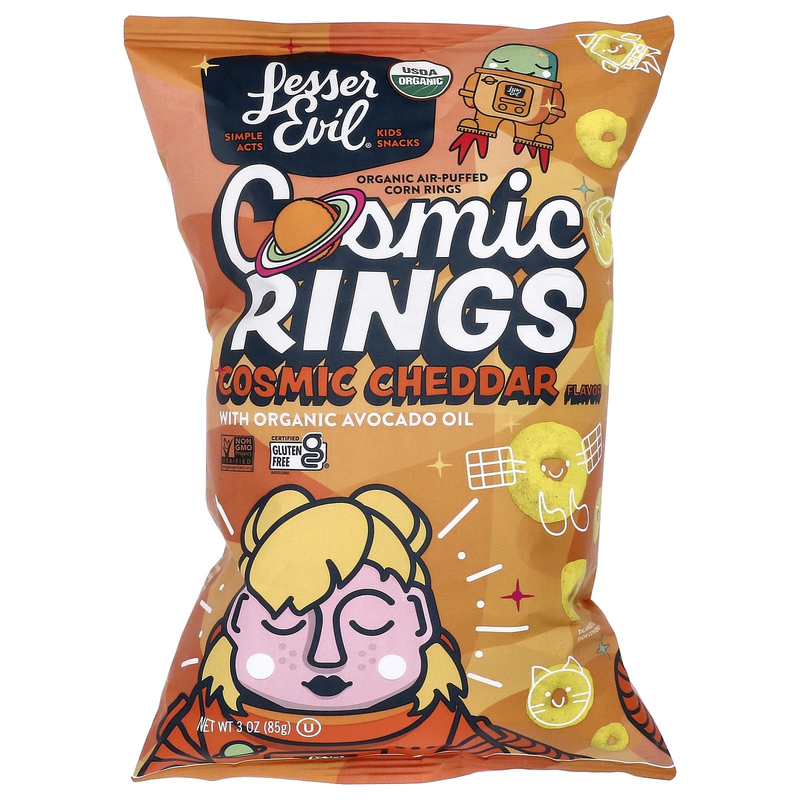 LesserEvil, Cosmic Rings, Cosmic Cheddar, 3 oz (85 g) - Image 1