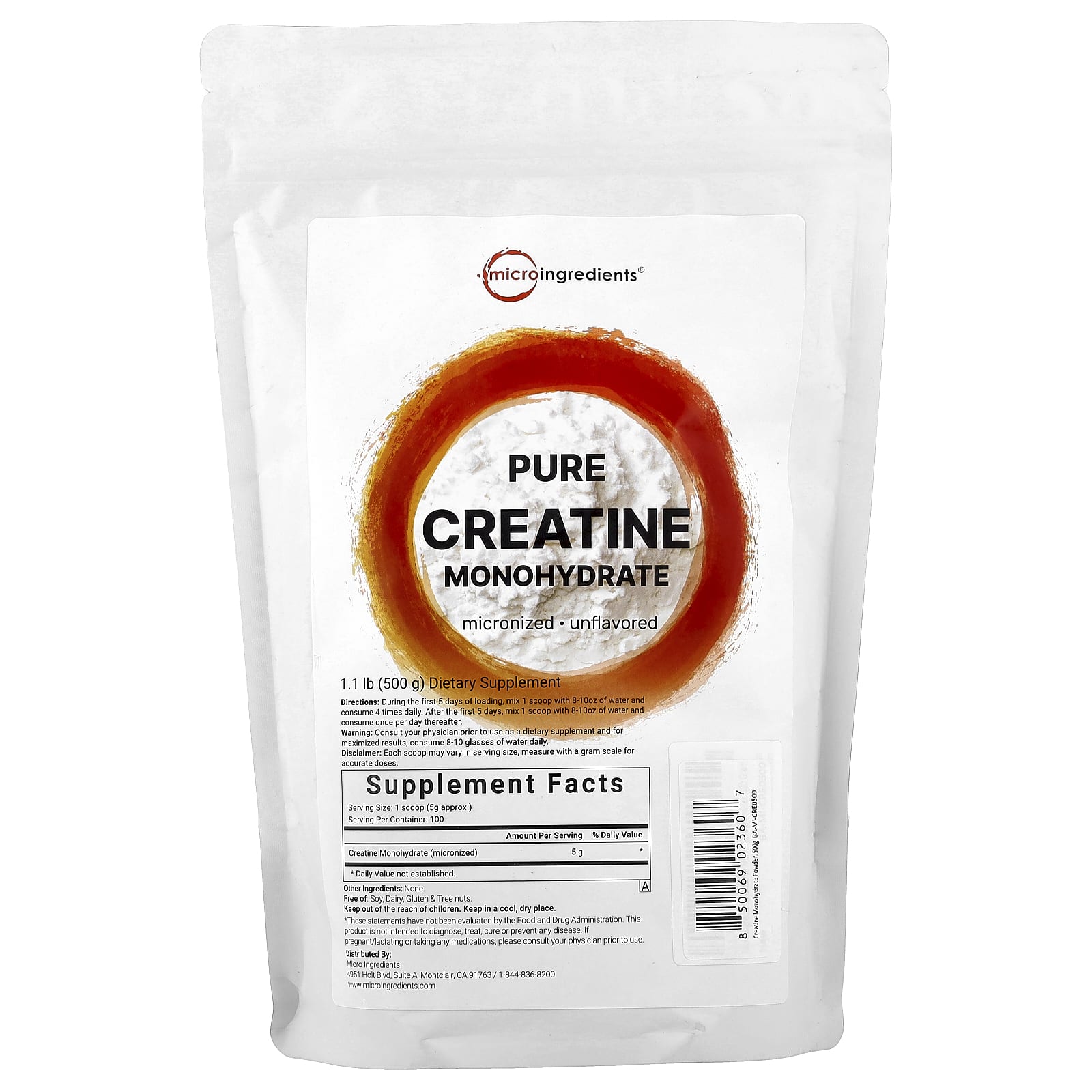 Micro Ingredients, Pure Creatine Monohydrate, Unflavored , 1.1 lb (500 g) - Image 1