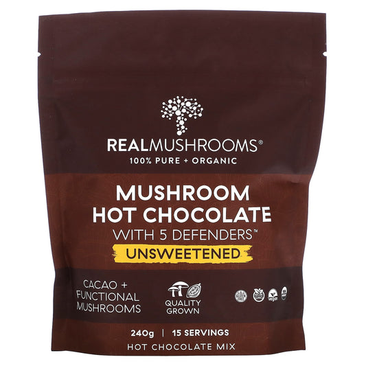 Real Mushrooms, Mushroom Hot Chocolate with 5 Defenders, Unsweetened, 240 g - Image 1