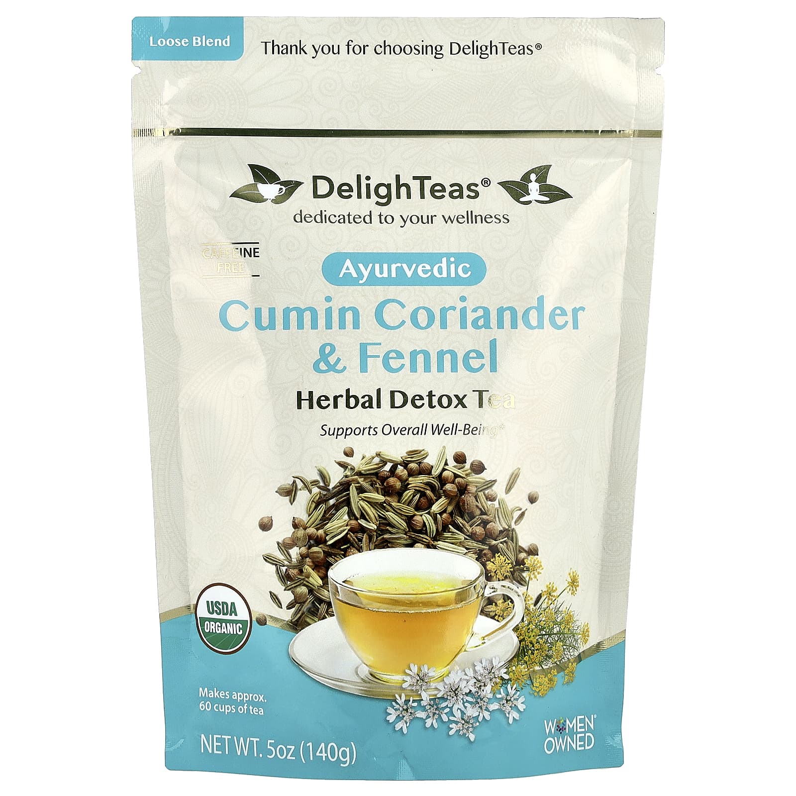 DelighTeas, Ayurvedic Cumin Coriander & Fennel, Herbal Detox Tea, Loose Blend, Caffeine Free, 5 oz (140 g)