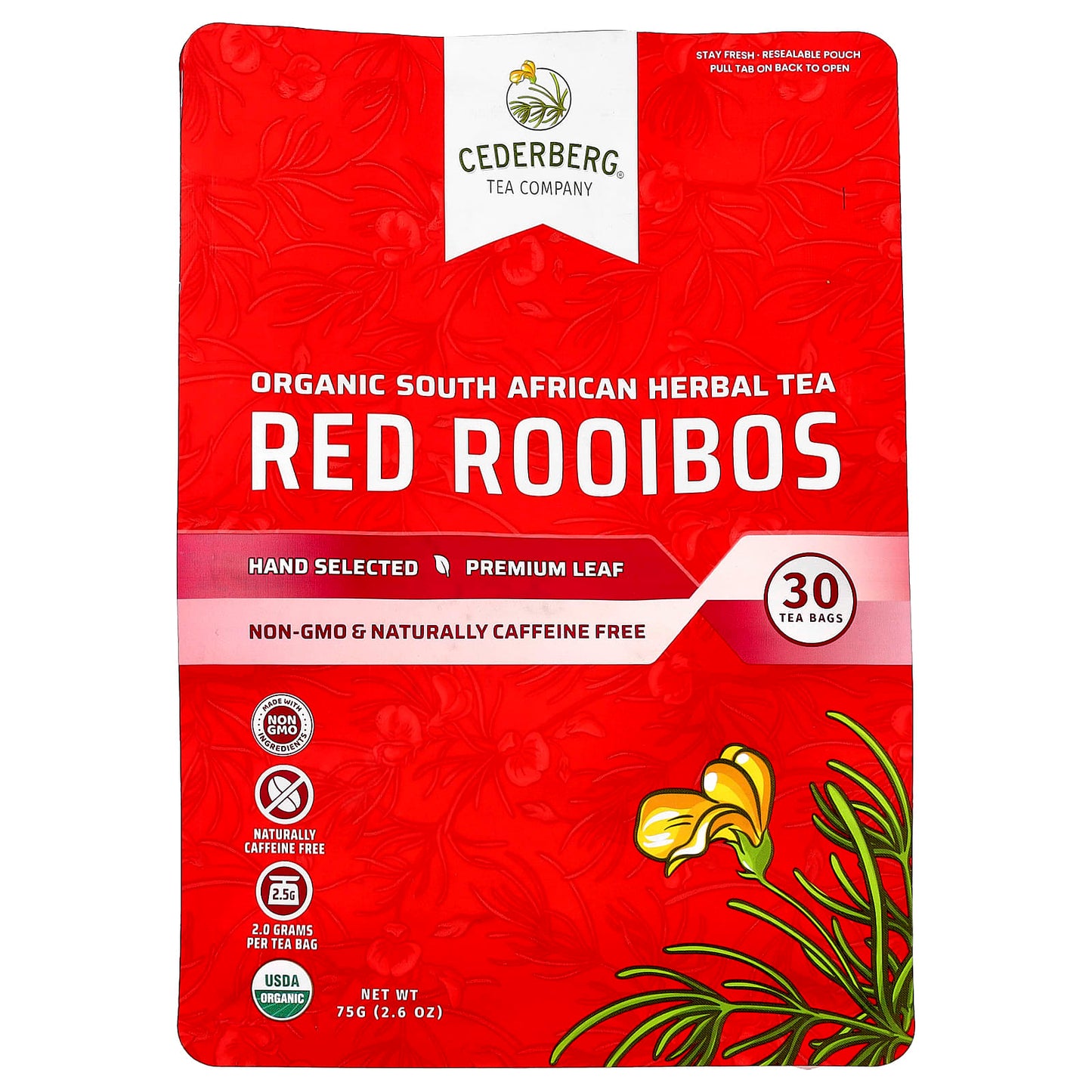South African Organic Rooibos Tea, Caffeine Free, 30 Tea Bags - Image 1