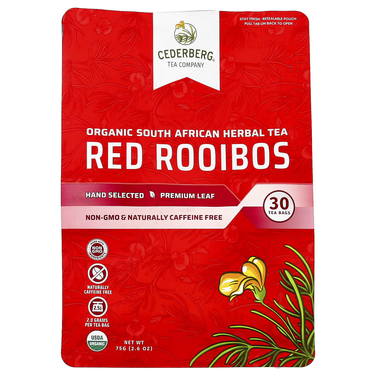South African Organic Rooibos Tea, Caffeine Free, 30 Tea Bags - Image 1