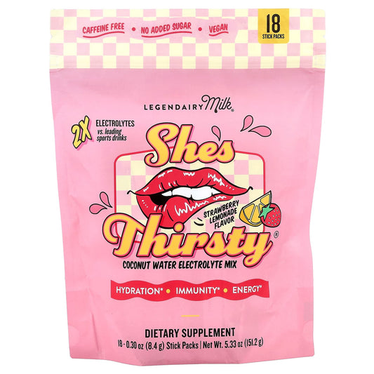 Legendairy Milk, She's Thirsty®, Coconut Water Electrolyte Mix, Strawberry Lemon, 18 Stick Packs, 0.30 oz (8.4 g) Each