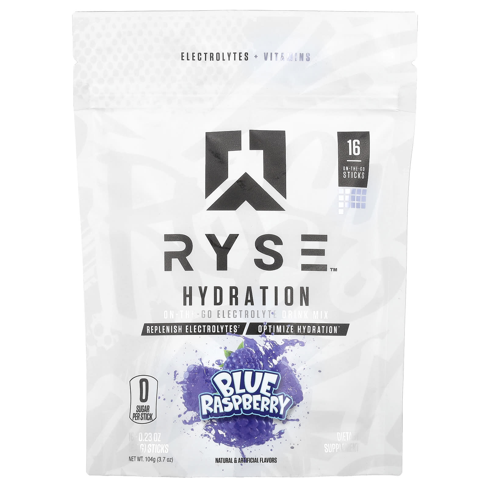 RYSE, Hydration, On-The-Go Electrolyte Drink Mix, Blue Raspberry, 16 Sticks, 0.23 oz (6.5 g) Each - Image 1