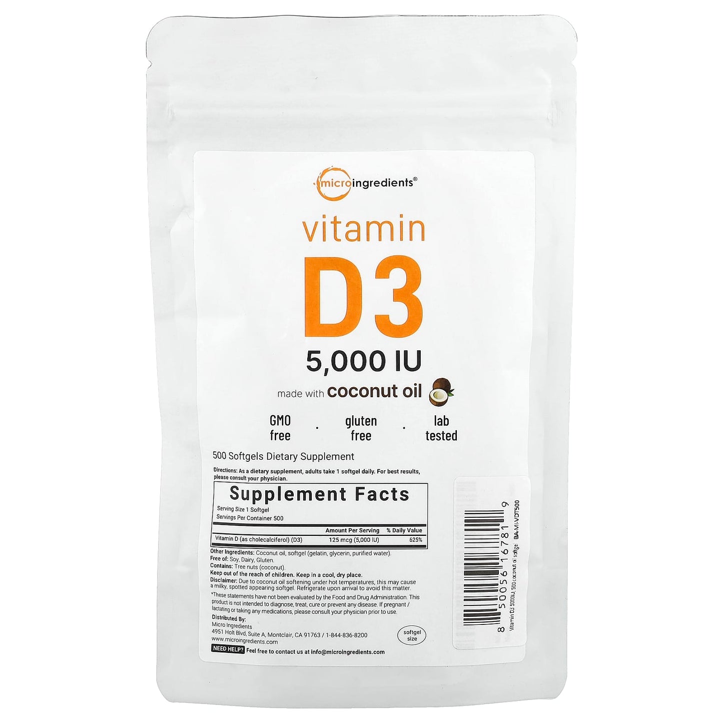 Micro Ingredients, Vitamin D3 , 5,000 IU, 500 Softgels - Image 1
