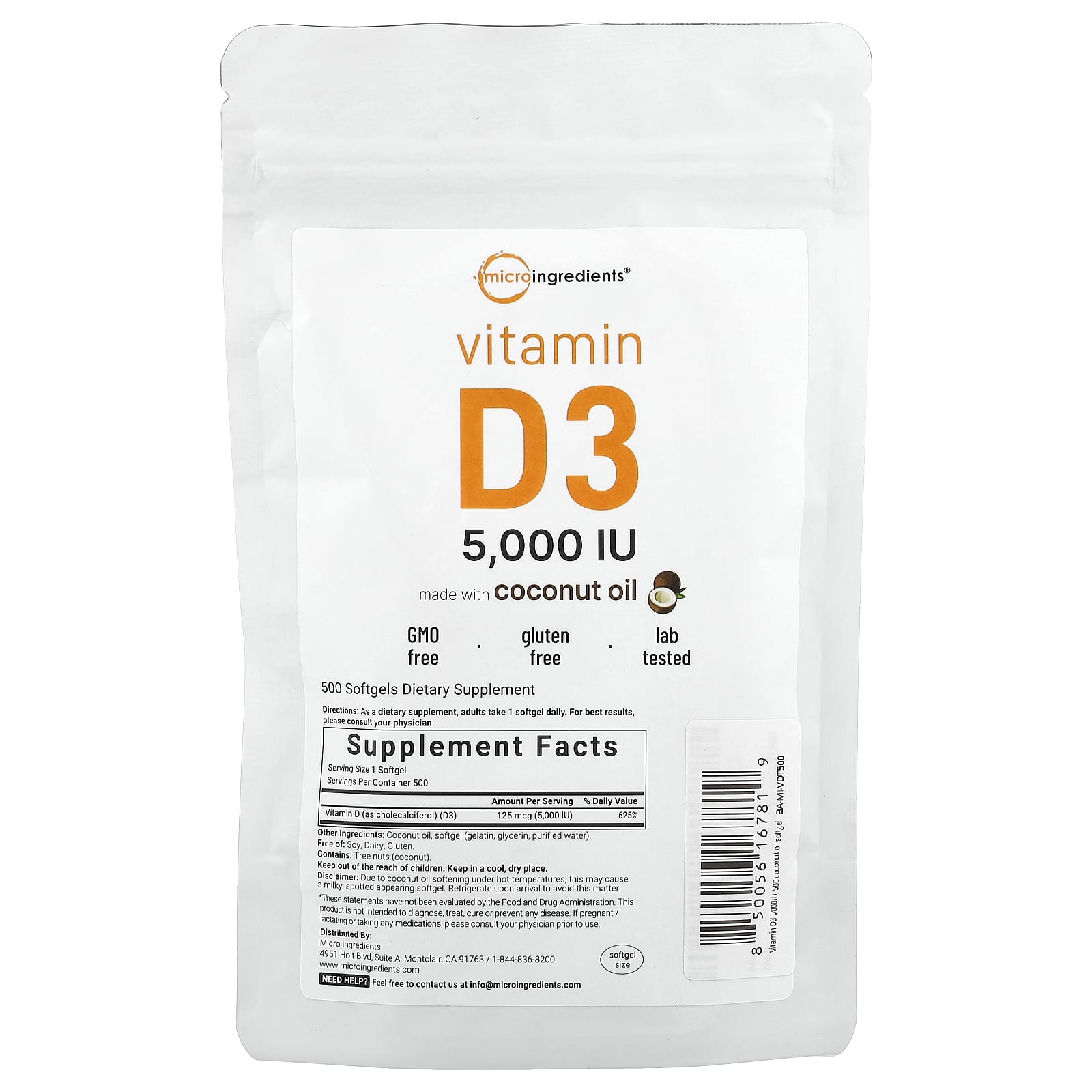 Micro Ingredients, Vitamin D3 , 5,000 IU, 500 Softgels - Image 1