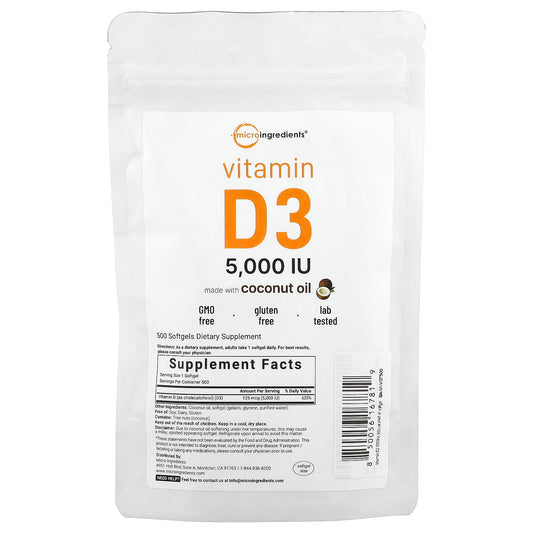 Micro Ingredients, Vitamin D3 , 5,000 IU, 500 Softgels - Image 1