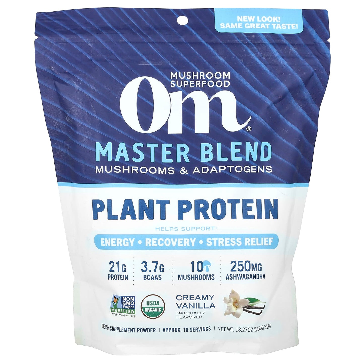 Om Mushrooms, Master Blend, Plant Protein, Creamy Vanilla, 1.14 lbs (518 g) - Image 1