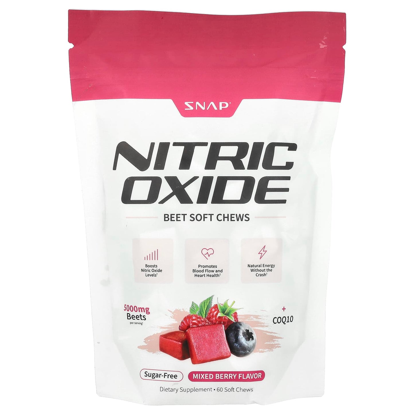 Snap Supplements, Nitric Oxide Beet Soft Chews, Sugar Free, Mixed Berry, 60 Soft Chews - Image 1