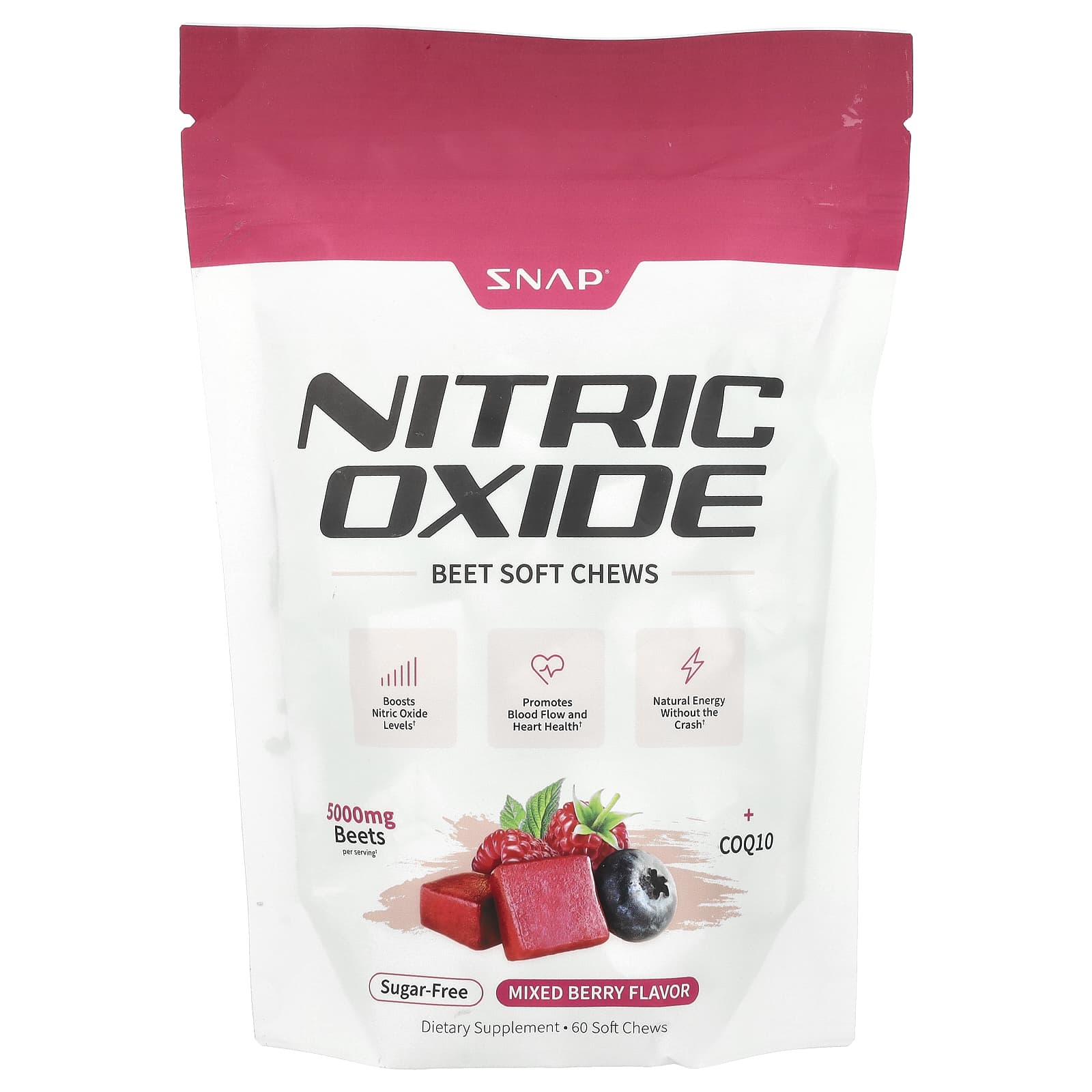 Snap Supplements, Nitric Oxide Beet Soft Chews, Sugar Free, Mixed Berry, 60 Soft Chews - Image 1