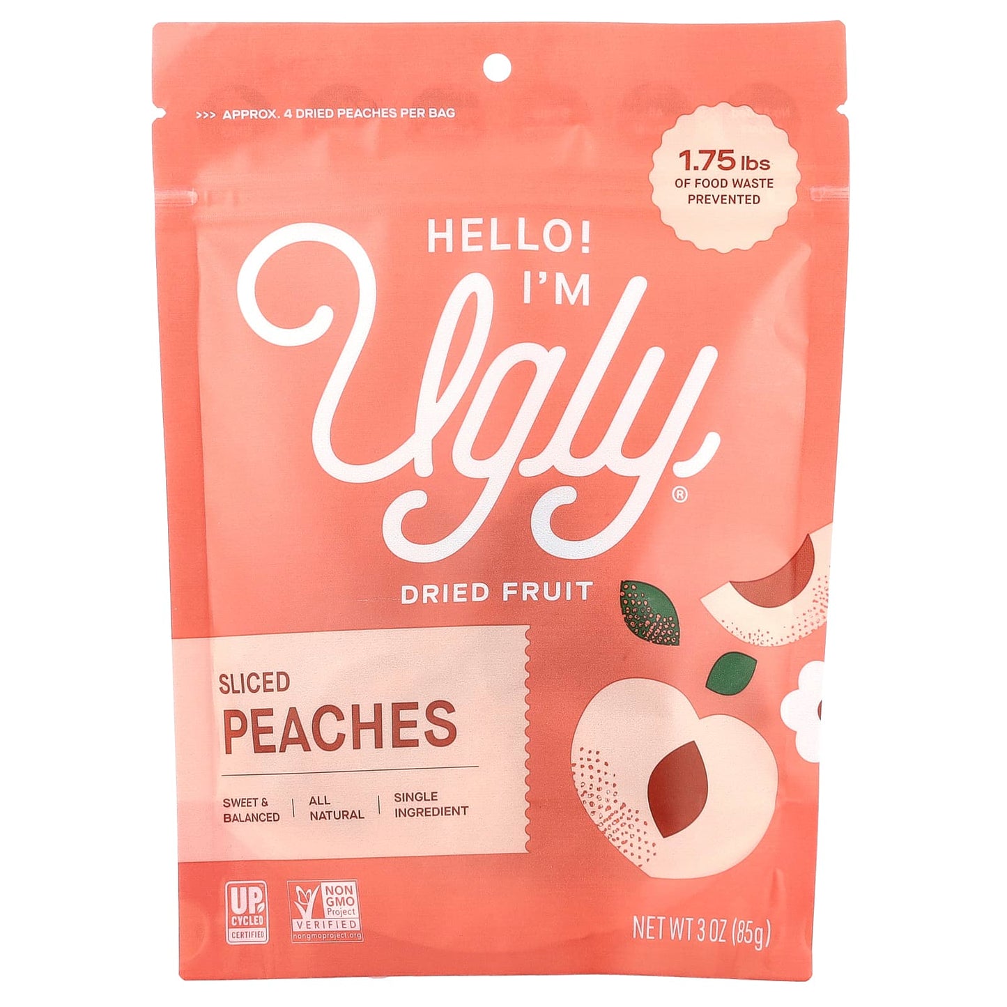Ugly Dried Fruit Peaches, All Natural, No Sugar, Non-GMO, 3 oz (85g) - Image 1