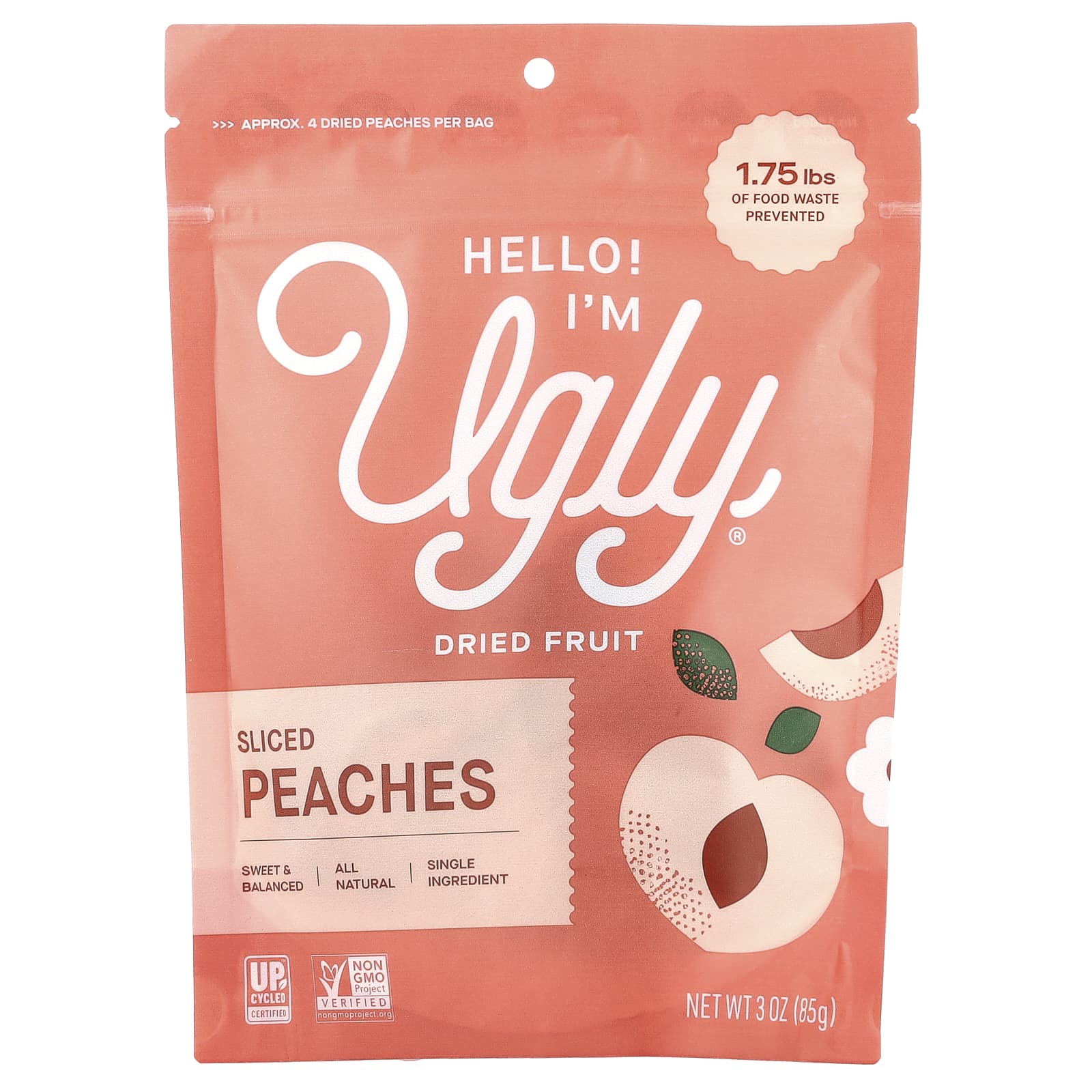Ugly Dried Fruit Peaches, All Natural, No Sugar, Non-GMO, 3 oz (85g) - Image 1