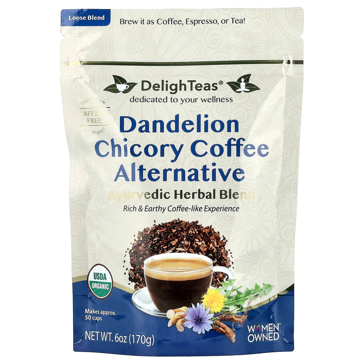 DelighTeas, Dandelion Chicory Coffee Alternative, Ayurvedic Herbal Blend, Loose Blend, Caffeine Free, 6 oz (170 g)