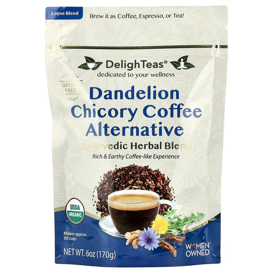 DelighTeas, Dandelion Chicory Coffee Alternative, Ayurvedic Herbal Blend, Loose Blend, Caffeine Free, 6 oz (170 g)