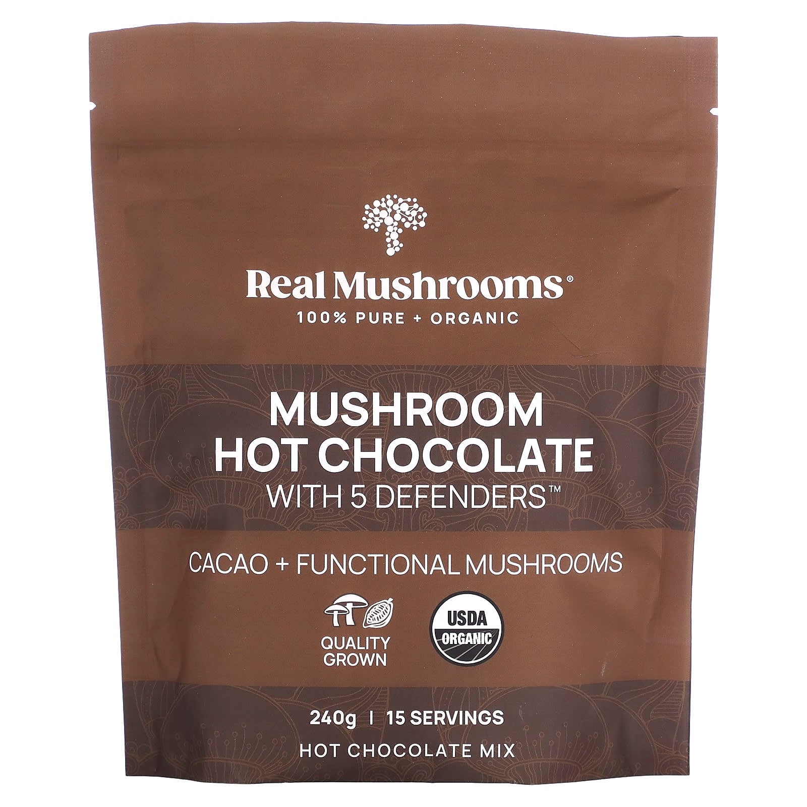 Real Mushrooms, Mushroom Hot Chocolate with 5 Defenders, 240 g - Image 1