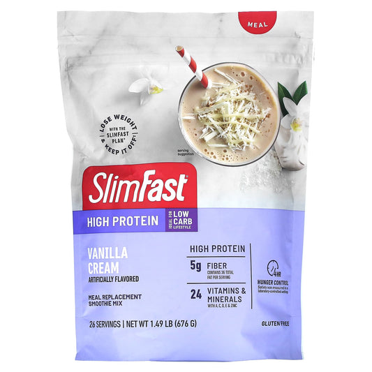 SlimFast, High Protein, Meal Replacement Smoothie Mix, Vanilla Cream, 1.49 lb (676 g) - Image 1