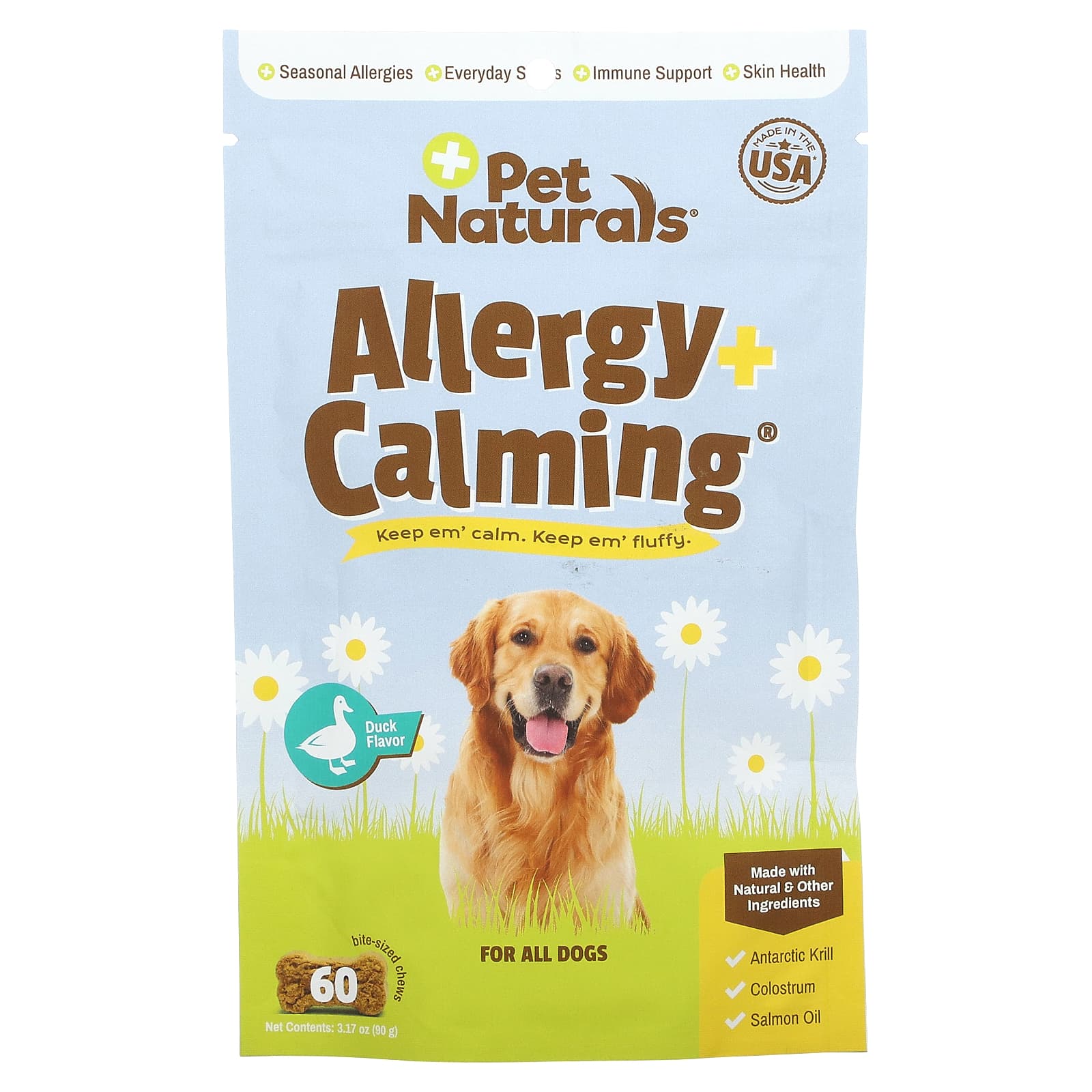 Pet Naturals, Allergy + Calming, For All Dogs, Duck, 60 Bite-Sized Chews, 3.17 oz (90 g) - Image 1