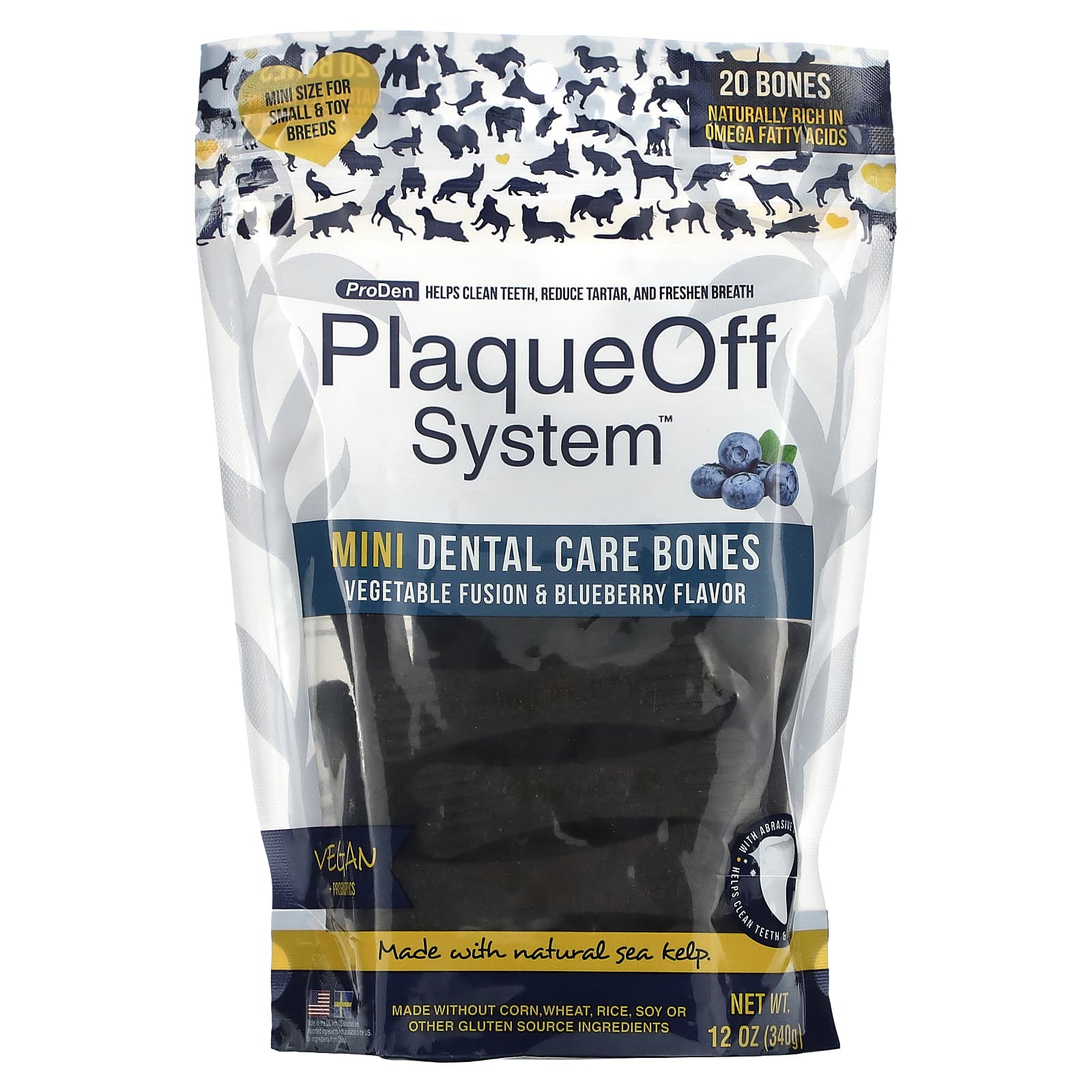 ProDen, PlaqueOff System, Mini Dental Care Bones, For Small & Toy Breed Dogs, Vegetable Fusion & Blueberry, 20 Bones, 12 oz (340 g) - Image 1
