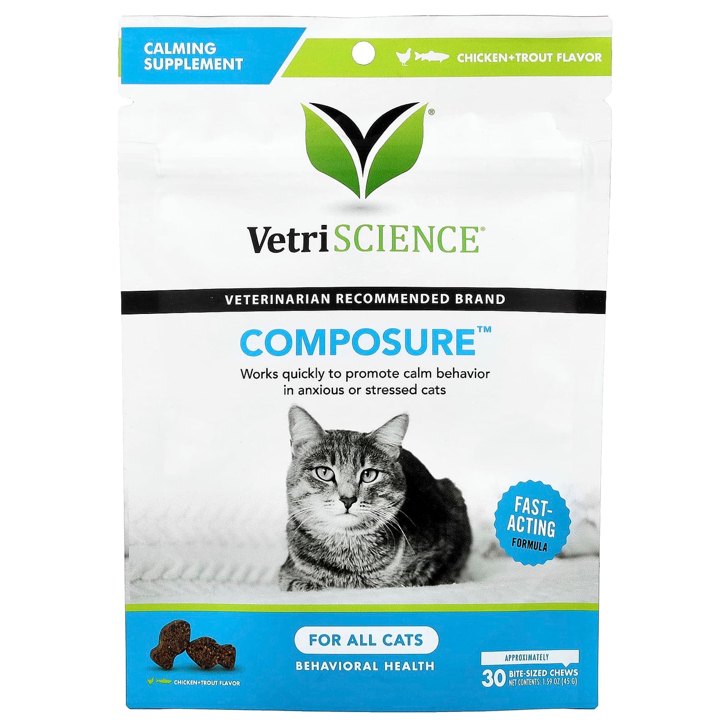Vetriscience, Composure™, For All Cats, Chicken + Trout, 30 Bite-Sized Chews, 1.59 oz (45 g) - Image 1