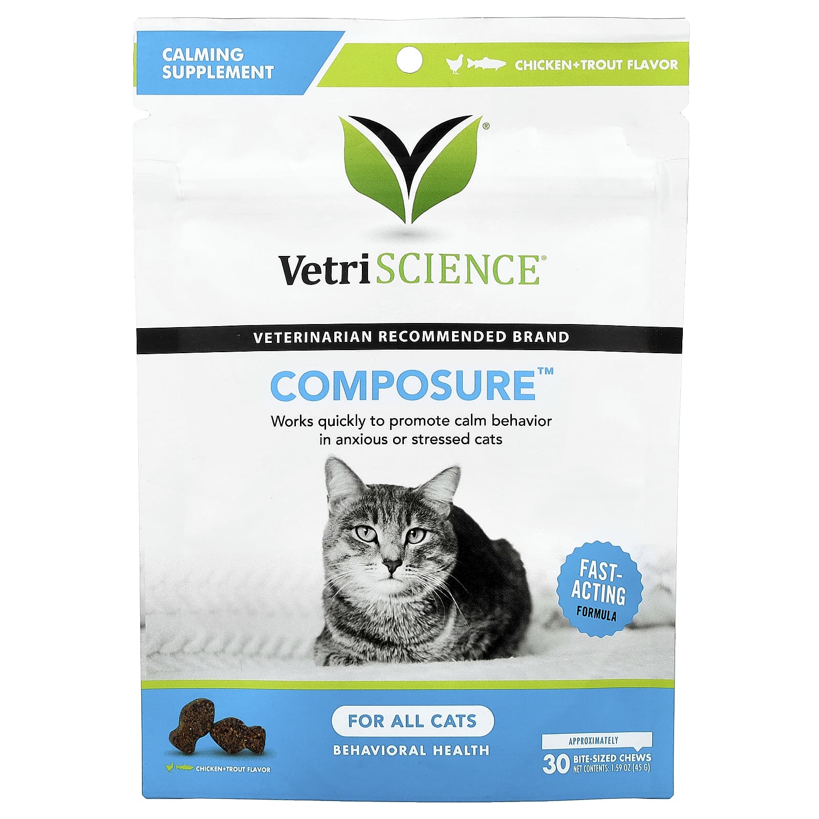 Vetriscience, Composure™, For All Cats, Chicken + Trout, 30 Bite-Sized Chews, 1.59 oz (45 g) - Image 1
