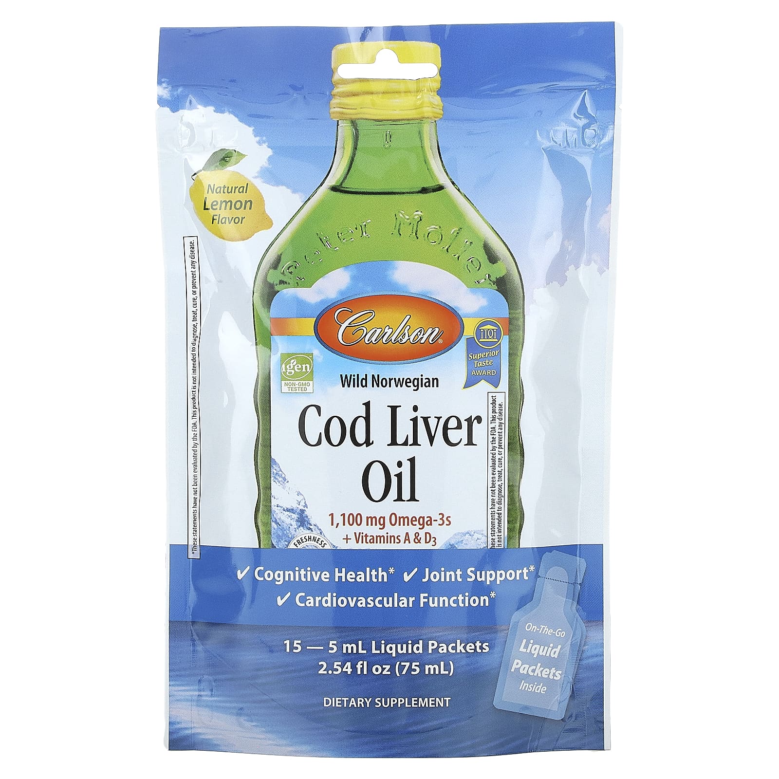 Norwegian Cod Liver Oil Liquid Packets by Carlson - Omega-3s & Vitamins A & D3 - Image 1