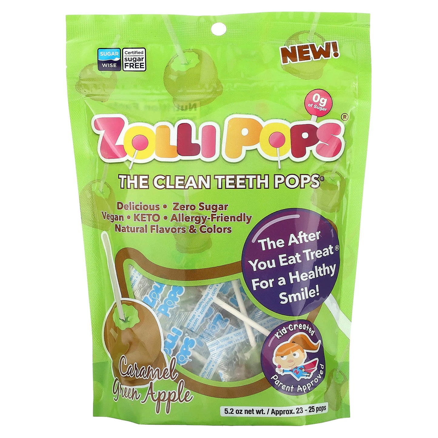 Zollipops, The Clean Teeth Pops, Caramel Green Apple, Approx. 23-25 Pops, 5.2 oz - Image 1