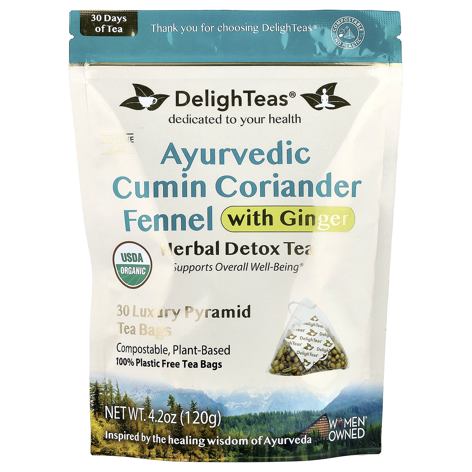 DelighTeas, Ayurvedic Cumin Coriander Fennel With Ginger, Herbal Detox Tea, Caffeine Free, 30 Luxury Pyramid Bags, 4.2 oz (120 g)