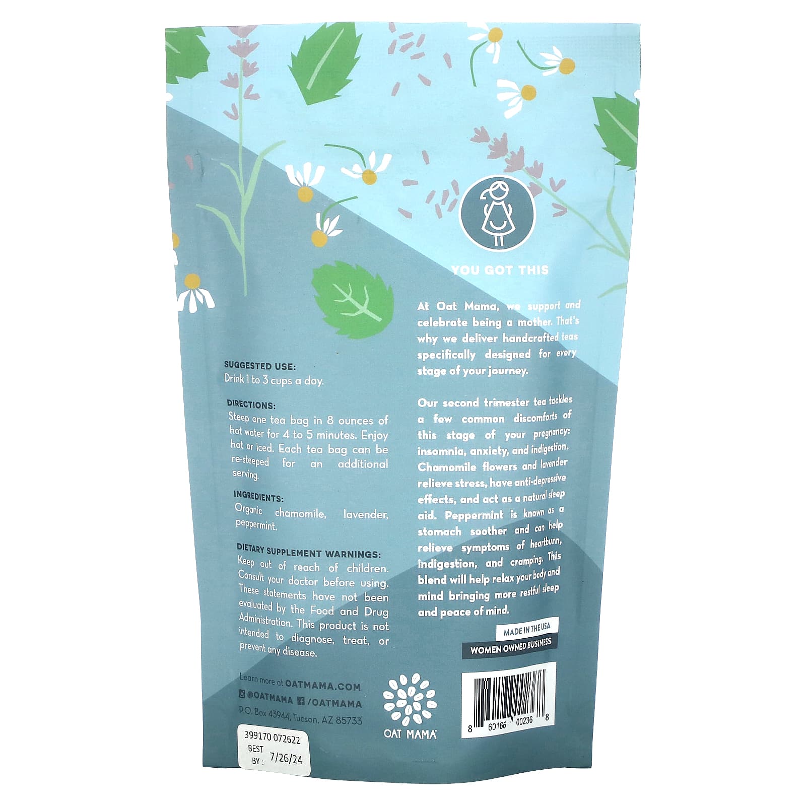 Oat Mama, Calm Tea, Chamomile Lavender Flower, Caffeine Free, 14 Tea Bags, 32 g - Image 2