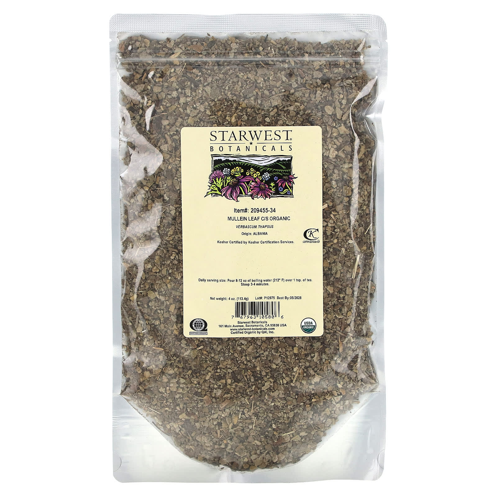 Starwest Botanicals, Organic Mullein Leaf, Cut and Sift, 4 oz (113.4 g) - Image 2