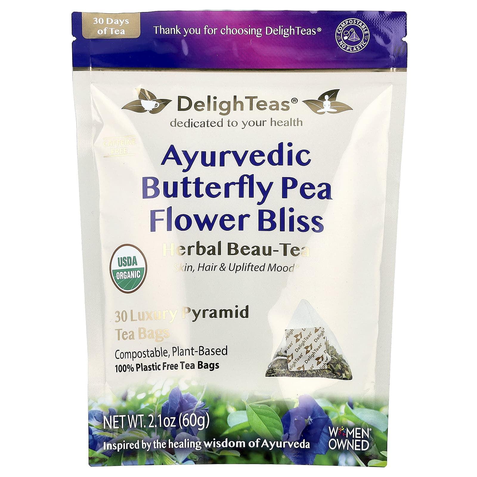 DelighTeas, Ayurvedic Butterfly Pea Flower Bliss, Herbal Beau-Tea, Caffeine Free, 30 Luxury Pyramid Tea Bags, 2.1 oz (60 g)