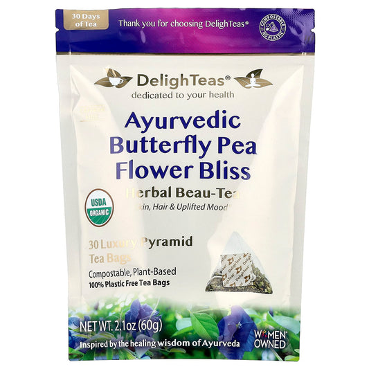 DelighTeas, Ayurvedic Butterfly Pea Flower Bliss, Herbal Beau-Tea, Caffeine Free, 30 Luxury Pyramid Tea Bags, 2.1 oz (60 g)