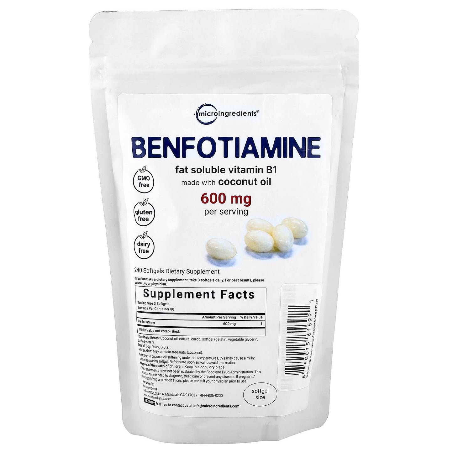 Micro Ingredients, Benfotiamine, 240 Softgels (200 mg per Softgel) - Image 1