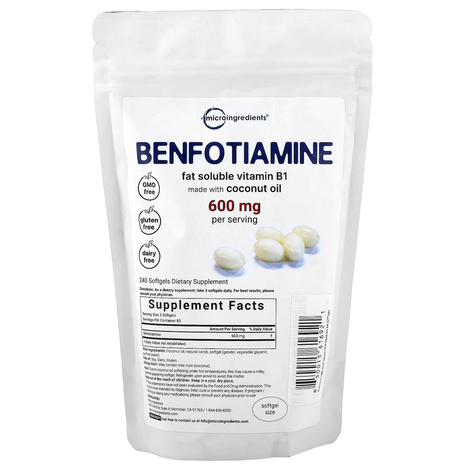 Micro Ingredients, Benfotiamine, 240 Softgels (200 mg per Softgel) - Image 1