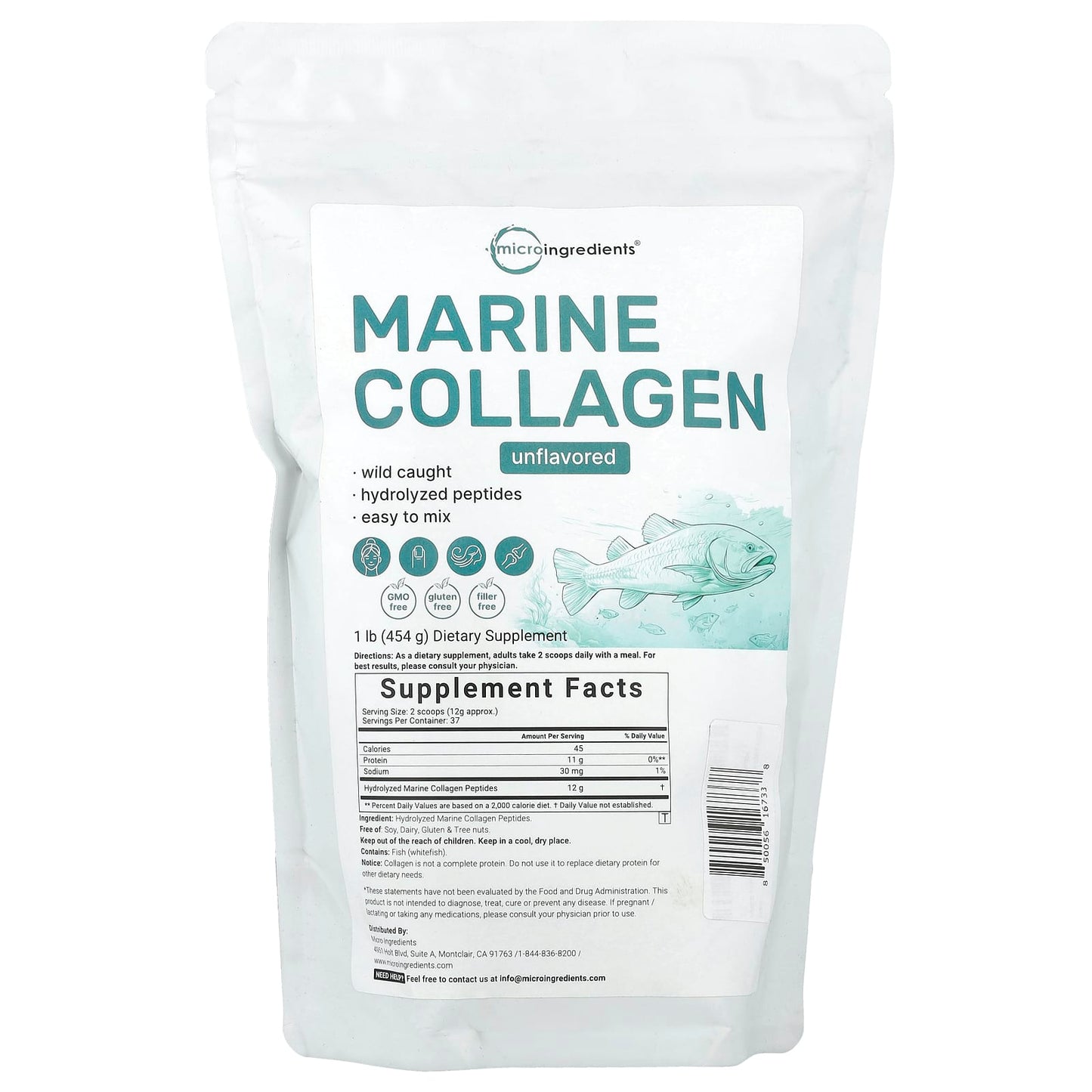 Micro Ingredients, Marine Collagen, Unflavored, 1 lb (454 g) - Image 1