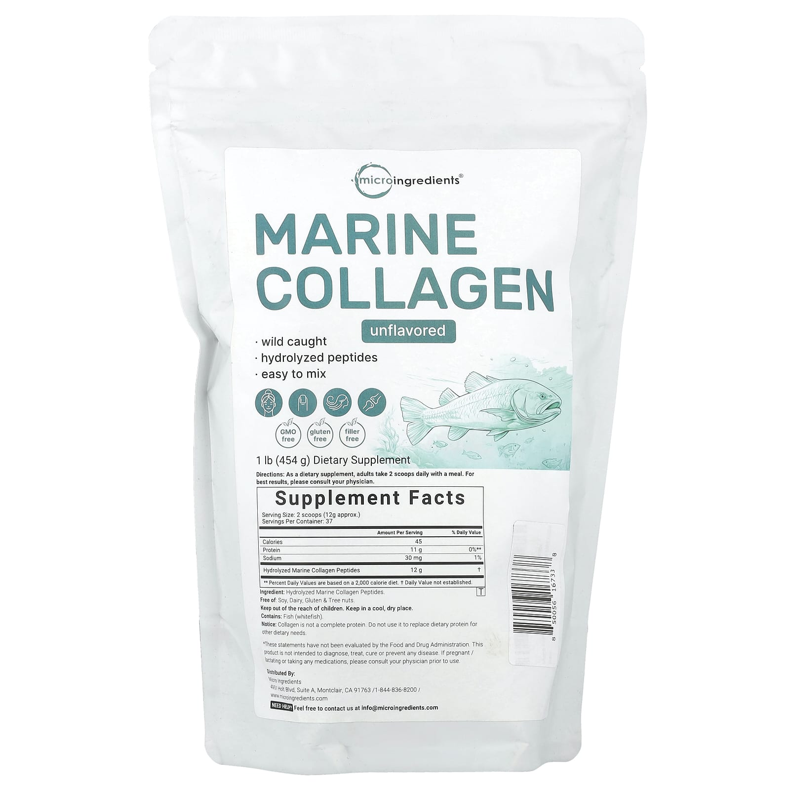 Micro Ingredients, Marine Collagen, Unflavored, 1 lb (454 g) - Image 1