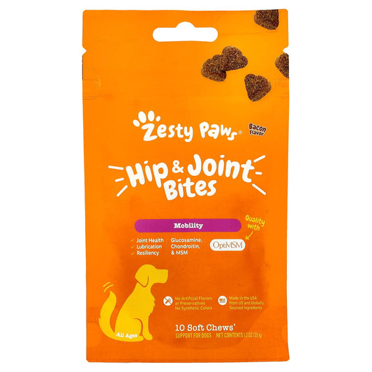 Zesty Paws, Hip & Joint Bites, For Dogs, All Ages, Bacon, 10 Soft Chews, 1.2 oz (35 g) - Image 1